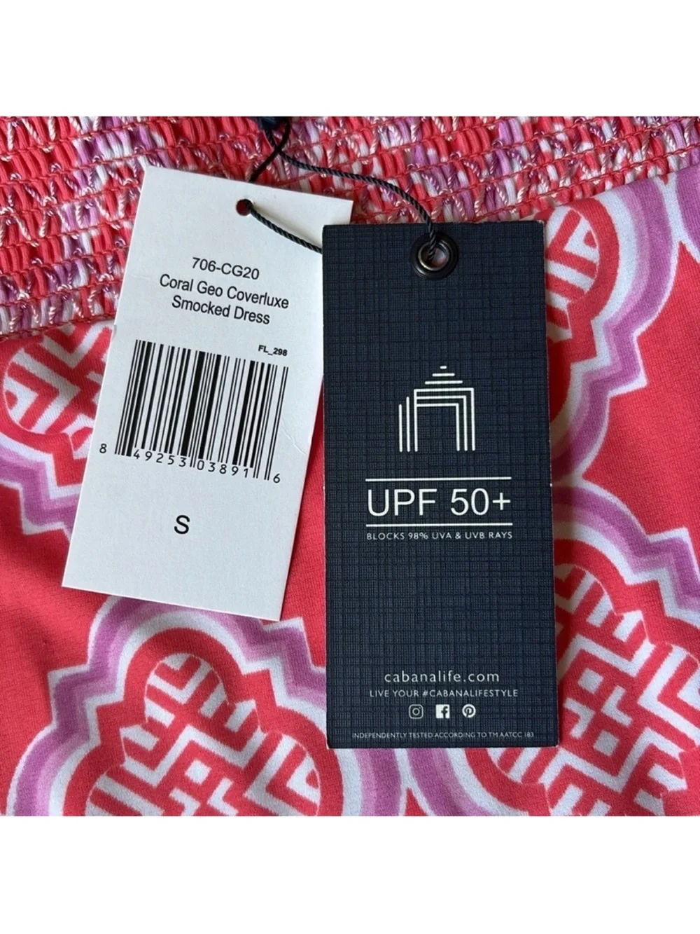 NWT Cabana Life Coral Geo Coverluxe Smocked Off-the-Shoulder Tassel Dress Small